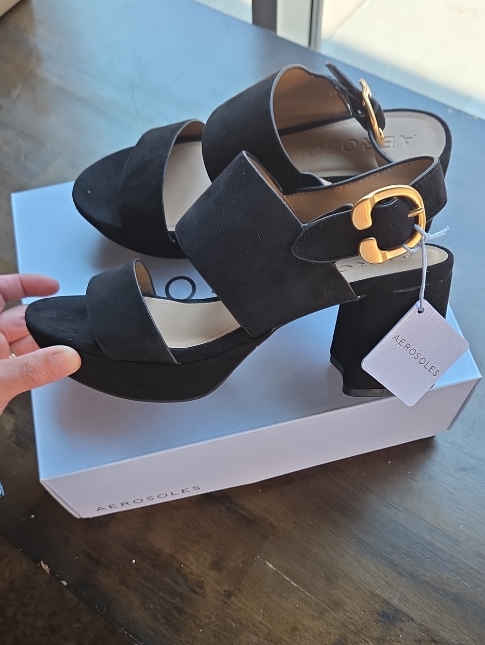 AEROSOLES Size 9 Women's Black Suede Block Heel Sandals Gold Buckle Detail NEW